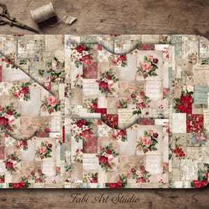 Può includere: Una cartellina in carta a tre ante con un collage di documenti in stile vintage, scrittura a mano e motivi floreali nei toni del rosso, rosa, crema e beige. La cartellina include due tasche interne con ritagli curvi e il testo Fabi Art Studio.
