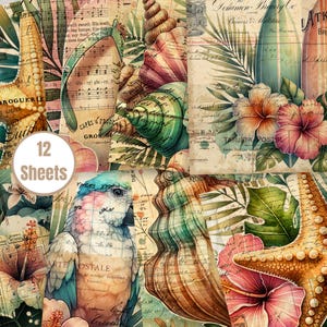 Kit imprimable de journal indésirable de l'été 2 - 12 papiers collage aquarelle - Thème plage avec coquillages, planches de surf, hippocampe et boissons - FA221