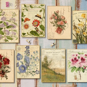 Kit digital Junk Journal, rosas vintage, suprimentos para diário, itens efêmeros, encarte floral, folha de colagem, cartões tamanho ATC 3,5" x 2,5"