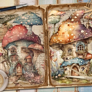 May include: Two whimsical mushroom houses with windows and doors, painted in shades of blue, red, and brown, with a vintage background of handwritten text and illustrations.