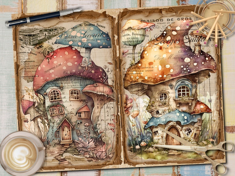 May include: Two whimsical mushroom houses with windows and doors, painted in shades of blue, red, and brown, with a vintage background of handwritten text and illustrations.