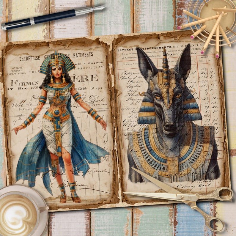 May include: Two vintage illustrations on a page from an old book. The left illustration is a woman wearing a blue and gold Egyptian costume. The right illustration is a black and gold Egyptian jackal head. The text on the page is in French.