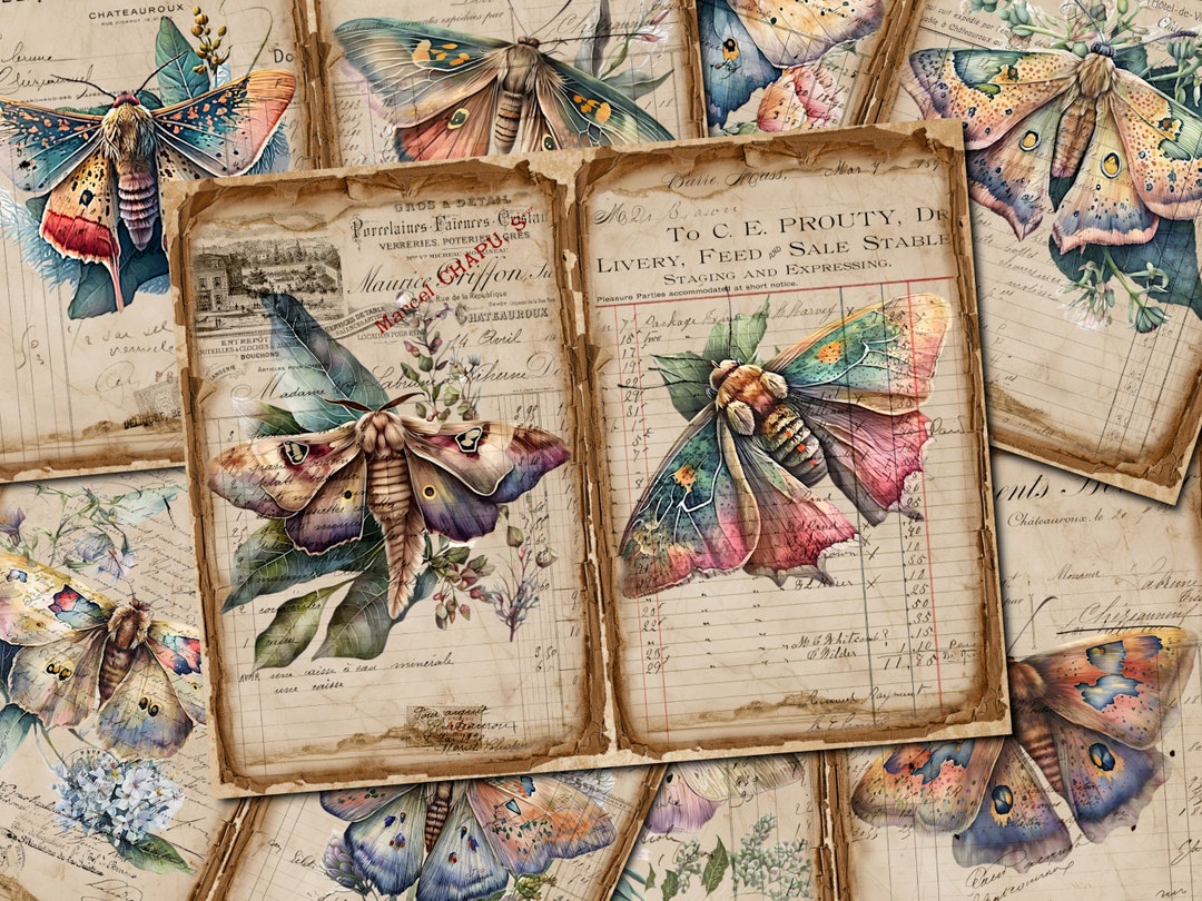 Moth Journal DIGITAL Watercolor Tropical Moth Junk Journal Kit – Vintage Printable ...