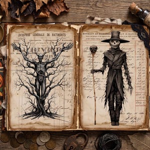 May include: An open vintage book with aged paper pages featuring illustrations of a skeletal tree figure and a cloaked character in a top hat holding a staff. The book is surrounded by a candle, a bottle labeled Arsenic, keys, and coins.