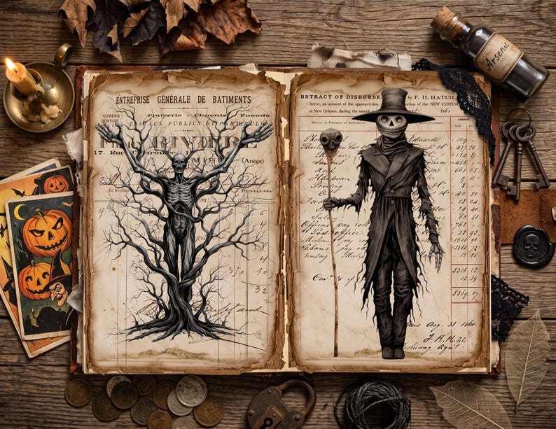 May include: An open vintage book with aged paper pages featuring illustrations of a skeletal tree figure and a cloaked character in a top hat holding a staff. The book is surrounded by a candle, a bottle labeled Arsenic, keys, and coins.