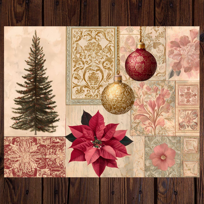 Junk Journal Vintage Christmas Collage Papers With Ruby Red Colors ...