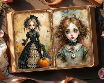 May include: An open book displays two watercolor illustrations of young women in vintage attire. One wears a black dress and holds a paper and a pumpkin. The other has curly hair and a blue dress with a pocket watch necklace. The book is on a wooden surface.