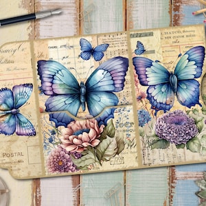 Junk Journal Kit, Schmetterling faltendes Junk Journal, Collage Sheets, Ephemera, beladener Ordner, faltbares Folio Design für Junk Journaling