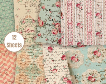 Shabby Chic Rose Digital Paper: Vintage Floral Scrapbook Backgrounds (Digital Download) - FA228