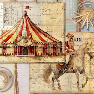 K&ouml;nnte beinhalten: Eine Collage im Vintage-Stil mit einem rot-wei&szlig; gestreiften Zirkuszelt, einer Frau, die ein wei&szlig;es Pferd reitet, und verschiedenen handgeschriebenen Texten und Ephemera. Das Bild hat eine verspielte und nostalgische Atmosph&auml;re.