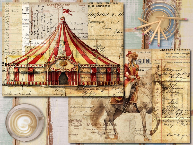 K&ouml;nnte beinhalten: Eine Collage im Vintage-Stil mit einem rot-wei&szlig; gestreiften Zirkuszelt, einer Frau, die ein wei&szlig;es Pferd reitet, und verschiedenen handgeschriebenen Texten und Ephemera. Das Bild hat eine verspielte und nostalgische Atmosph&auml;re.