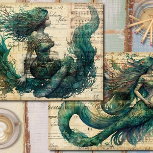 Pu&ograve; includere: Tre stampe d'arte digitale raffiguranti sirene con capelli e code turchesi fluttuanti. Le stampe sono su uno sfondo di spartiti musicali d'epoca e testo scritto a mano.