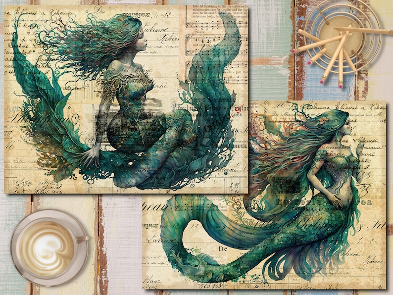 Pu&ograve; includere: Tre stampe d'arte digitale raffiguranti sirene con capelli e code turchesi fluttuanti. Le stampe sono su uno sfondo di spartiti musicali d'epoca e testo scritto a mano.