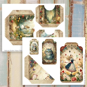 May include: A collection of Alice in Wonderland-themed paper ephemera. The designs feature illustrations of Alice, the Cheshire Cat, and other characters. The color palette includes soft pastels, with a vintage, storybook aesthetic. The pieces are ideal for scrapbooking and crafting.