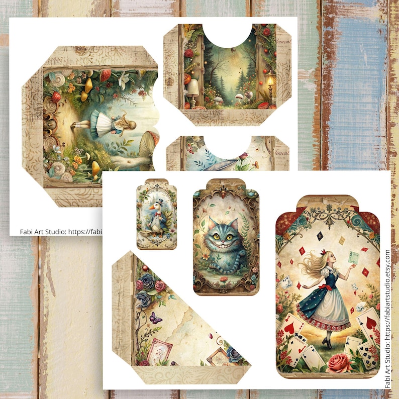 May include: A collection of Alice in Wonderland-themed paper ephemera. The designs feature illustrations of Alice, the Cheshire Cat, and other characters. The color palette includes soft pastels, with a vintage, storybook aesthetic. The pieces are ideal for scrapbooking and crafting.