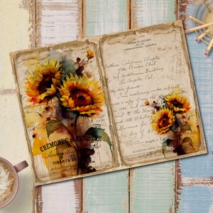 May include: A vintage journal with a watercolor painting of sunflowers on the front cover. The journal has a brown leather cover and is open to reveal handwritten text on the pages. The text includes the words "Southern California Chapter of the Sierra Club" and "My dear friends..."