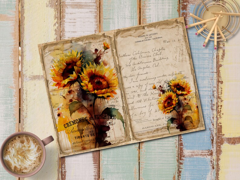 May include: A vintage journal with a watercolor painting of sunflowers on the front cover. The journal has a brown leather cover and is open to reveal handwritten text on the pages. The text includes the words "Southern California Chapter of the Sierra Club" and "My dear friends..."