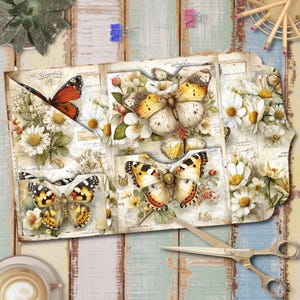 May include: A decorative paper craft featuring butterfly and floral designs. The craft has multiple pockets and sections, adorned with images of butterflies, daisies, and vintage script. The color palette includes cream, orange, yellow, and white.