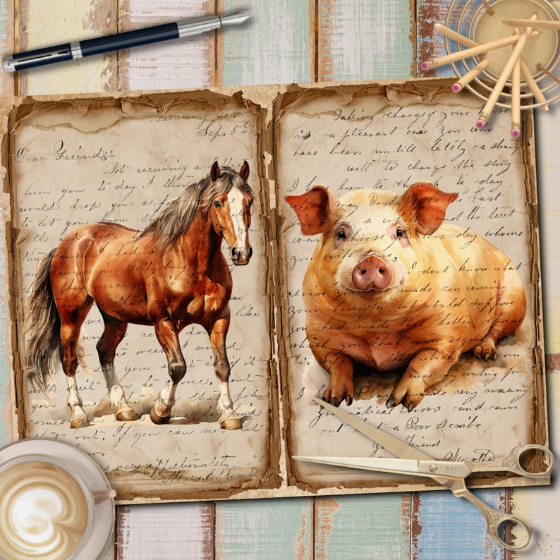 May include: A vintage-style journal with handwritten text and illustrations of a brown horse and a brown pig. The journal has a distressed, aged look and is open to two pages.