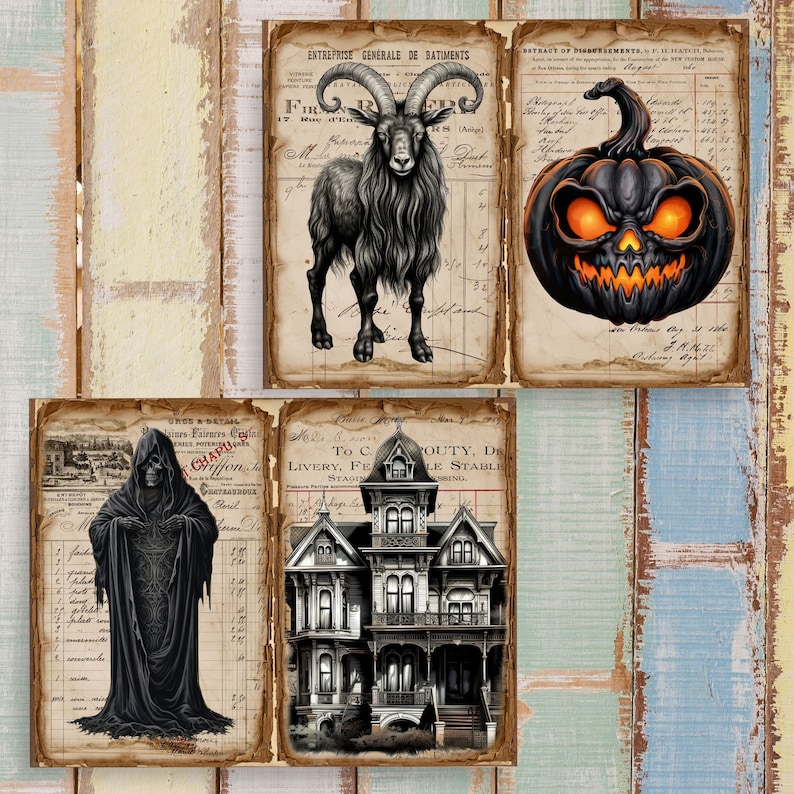 May include: A digital collage featuring four vintage-style ledger pages. The top panels display a black goat and a glowing orange-eyed jack-o'-lantern. The bottom panels show a hooded skeletal figure and a detailed Victorian-style house illustration.
