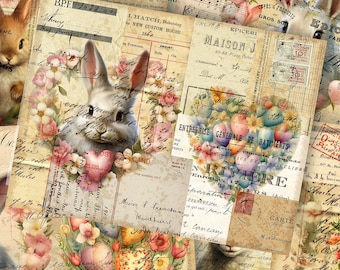 Kit de diario basura de Pascua estilo shabby chic: papeles de conejito imprimibles