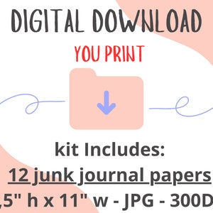 K&ouml;nnte beinhalten: Digitaler Download von 12 Junk Journal Papieren im JPG-Format, 21,6 cm x 27,9 cm, 300 DPI. Das Bild zeigt ein rosa Ordnersymbol mit einem blauen Abw&auml;rtspfeil, der einen digitalen Download anzeigt.
