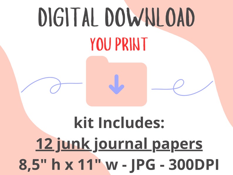 K&ouml;nnte beinhalten: Digitaler Download von 12 Junk Journal Papieren im JPG-Format, 21,6 cm x 27,9 cm, 300 DPI. Das Bild zeigt ein rosa Ordnersymbol mit einem blauen Abw&auml;rtspfeil, der einen digitalen Download anzeigt.