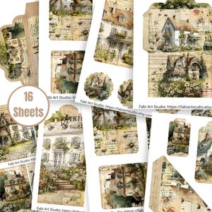 Kit complementar para diário Daisy French House Junk Journal I – 16 folhas imprimíveis com envelopes, bolsos, etiquetas, cartões e círculos - FA214