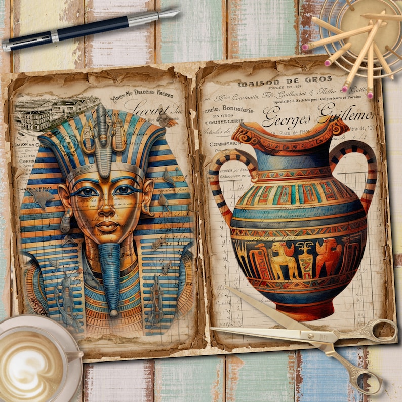 May include: A vintage style image of an Egyptian pharaoh bust and a blue and orange patterned vase. The image is printed on a page from an old ledger with text in French.