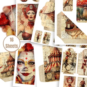 Kit complementar de itens efêmeros de circo vitoriano II – Bolsos para diário, etiquetas, cartões e envelopes para impressão – Kit digital de circo vintage - FA212