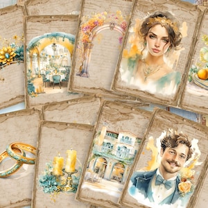 May include: A collection of vintage-style cards with watercolor illustrations. The cards feature a woman with a crown, a man with a mustache, a building with an archway, and a floral archway. The cards have a distressed, aged look and are perfect for scrapbooking or crafting.
