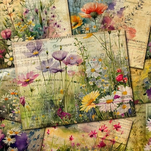Page imprimable de journal indésirable aquarelle fleurs sauvages, kit de journal indésirable fleurs, feuille de collage numérique papier journal indésirable, téléchargement - FA168