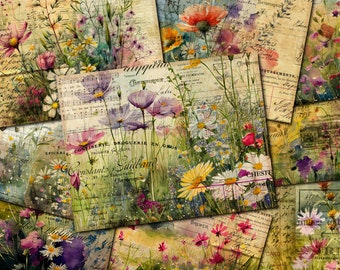 Watercolor Wildflowers Junk Journal Kit: Vintage Collage Paper (Digital Download) - FA168