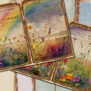 May include: Three vintage pages with faded text and watercolor illustrations of wildflowers. The pages are yellowed and have a distressed look. The text on the pages includes "Entreprise Generale de Batiments" and "To C. E. Prouty, Delivery, Feed & Sale Stable".