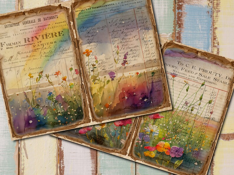 May include: Three vintage pages with faded text and watercolor illustrations of wildflowers. The pages are yellowed and have a distressed look. The text on the pages includes "Entreprise Generale de Batiments" and "To C. E. Prouty, Delivery, Feed & Sale Stable".