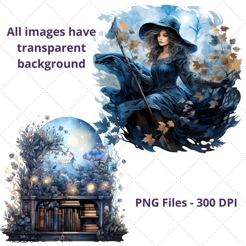 Pode incluir: Arte digital de uma mulher com um vestido e chap&eacute;u azuis, segurando uma bengala, com uma capa esvoa&ccedil;ante. A imagem inclui uma estante com livros e um grande globo azul. O texto diz "All images have transparent background" e "PNG Files - 300 DPI".