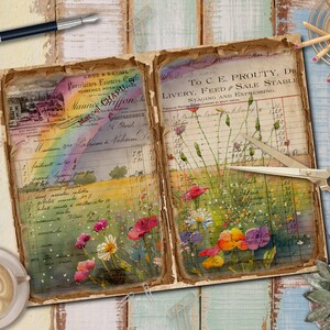 May include: An open vintage journal with a watercolor painting of a field of flowers. The journal pages are filled with handwritten text and numbers. The journal is on a wooden surface with a cup of coffee and a pair of scissors.
