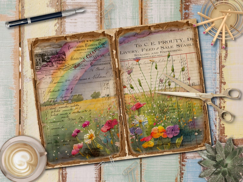 May include: An open vintage journal with a watercolor painting of a field of flowers. The journal pages are filled with handwritten text and numbers. The journal is on a wooden surface with a cup of coffee and a pair of scissors.