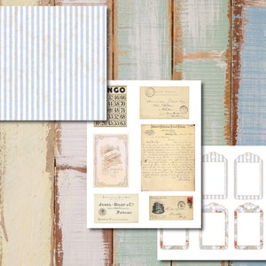 May include: A digital collage sheet with vintage style images, including a striped pattern, a bingo card, a handwritten letter, a postcard, and several blank tags with a striped border. The tags have a floral design and a striped border.
