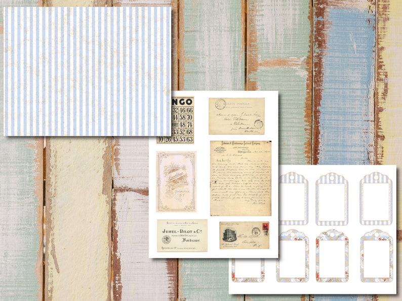 May include: A digital collage sheet with vintage style images, including a striped pattern, a bingo card, a handwritten letter, a postcard, and several blank tags with a striped border. The tags have a floral design and a striped border.