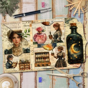 May include: A collage of vintage-style illustrations featuring women, perfume bottles, and apothecary jars. A dark green bottle with a crescent moon and stars is prominent. The background includes sheet music and aged paper textures.