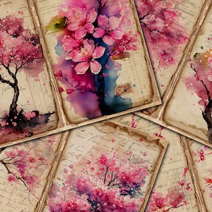 Diário de sucata para impressão, flor de cerejeira, páginas de diário de cerejeira vintage, diário de sucata, kit digital de diário vintage, diário vintage para impressão