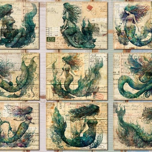 Pu&ograve; includere: Nove stampe d'arte digitale che presentano sirene con capelli e code fluttuanti, su uno sfondo di carta vintage con testo e segni sbiaditi. Le sirene sono raffigurate in varie pose, con le loro code che fluttuano intorno a loro.
