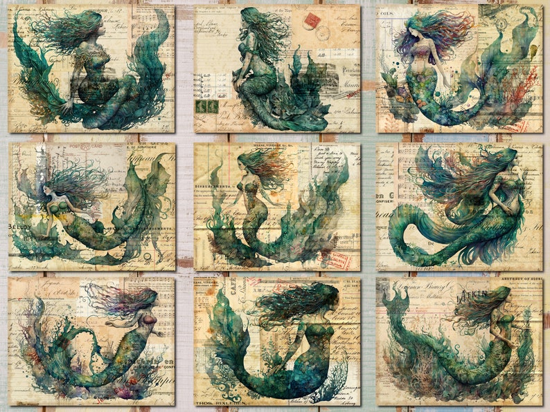 Pu&ograve; includere: Nove stampe d'arte digitale che presentano sirene con capelli e code fluttuanti, su uno sfondo di carta vintage con testo e segni sbiaditi. Le sirene sono raffigurate in varie pose, con le loro code che fluttuano intorno a loro.