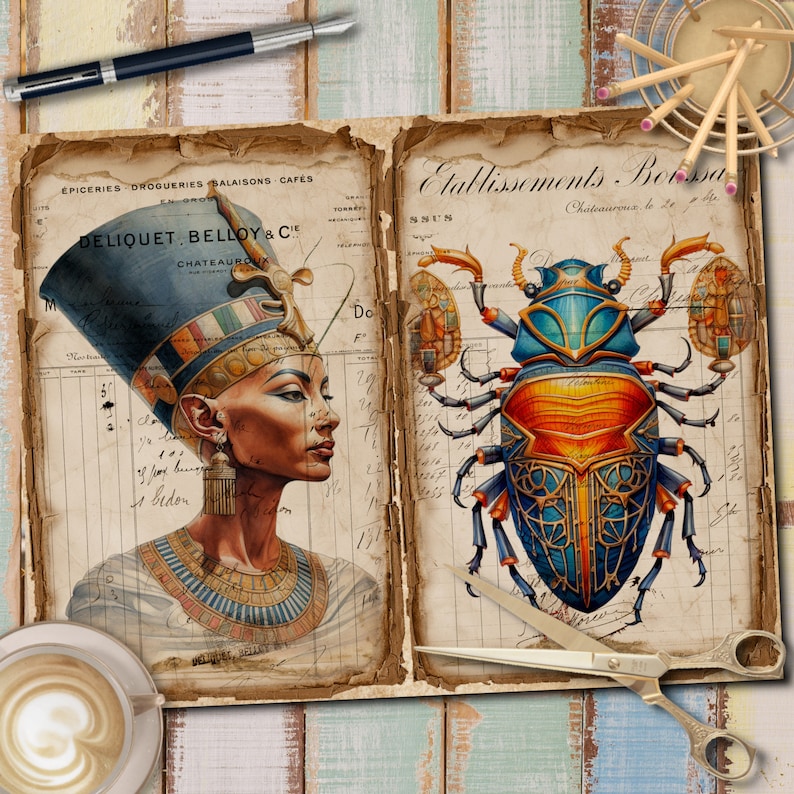 May include: An open vintage ledger book with two pages showing illustrations. The left page features a woman with an elaborate headdress and jewelry. The right page features a detailed illustration of a beetle with blue and orange wings. The text on the pages reads "Epiceries Drogueries Balaisons Cafes Deliquet, Belloy & C Chateau-roux" and "Etablissements Bolsa Chateauroux le 2e de."