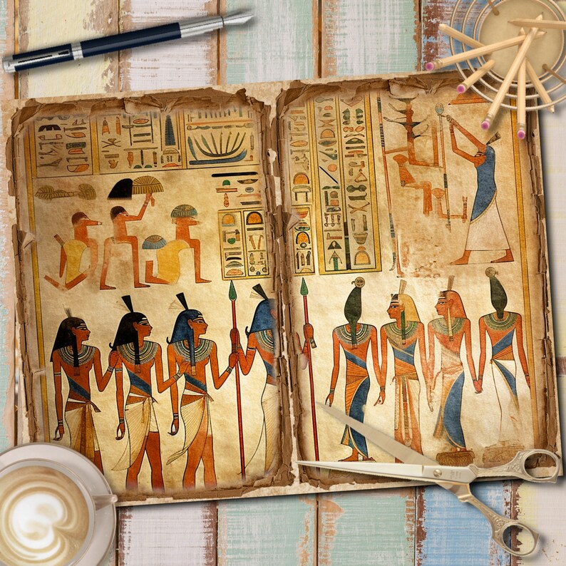 May include: An antique book with a worn leather cover and gold accents. The book is open to a page with an illustration of ancient Egyptian figures in a procession. The figures are painted in vibrant colors and are wearing elaborate headdresses and jewelry.