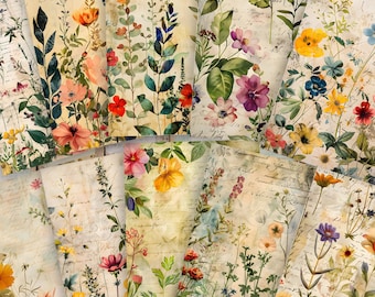 Kit para diario creativo con diseño de flores silvestres: Papel para álbum de recortes con estampado floral vintage (descarga digital)