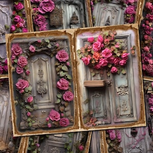 DIGITAL Wooden Doors with Magenta Roses Junk Journal Kit – Printable Journal Pages - FA155