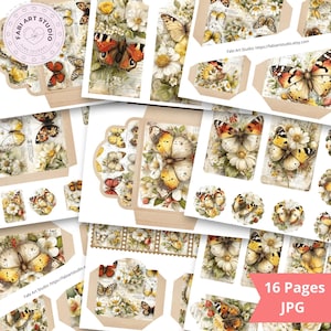 May include: A selection of paper ephemera with butterfly and floral designs. The designs include butterflies, daisies, and other flowers in shades of yellow, orange, and white. The text "Fabi Art Studio" and "16 Pages JPG" are visible.