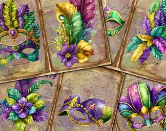 May include: A collage of six vintage-style images featuring colorful Mardi Gras masks with feathers and beads. The masks are painted in shades of purple, green, and gold, with intricate details and patterns.